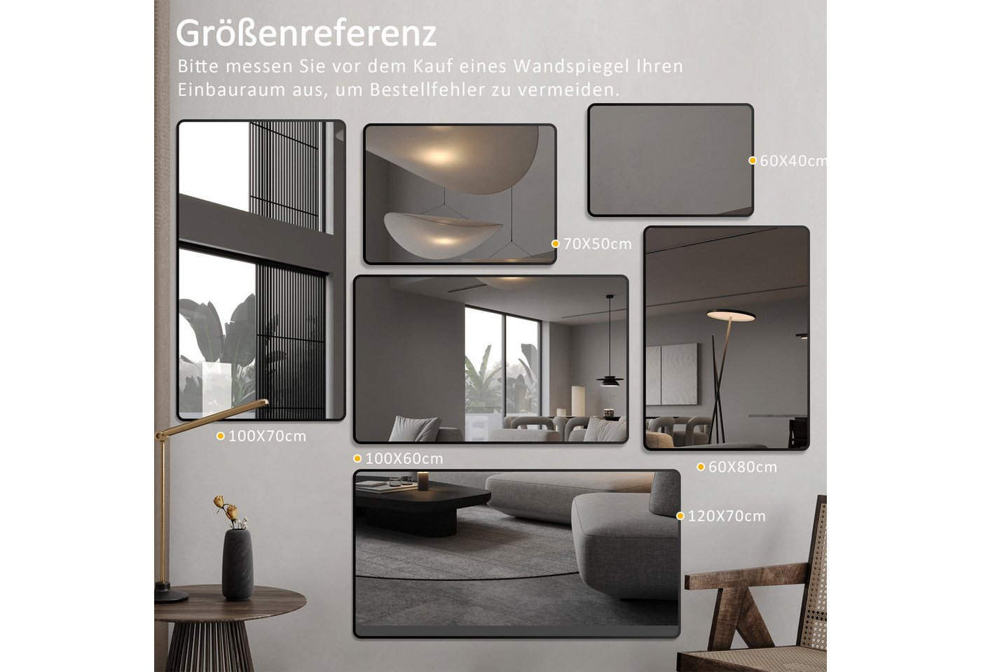 Hopibath Badspiegel Metall Alu Rahmen Wandspiegel Schwarz Gold (rechteckig, eckig, 40-100cm), 4 Installationsmethoden Bild 2