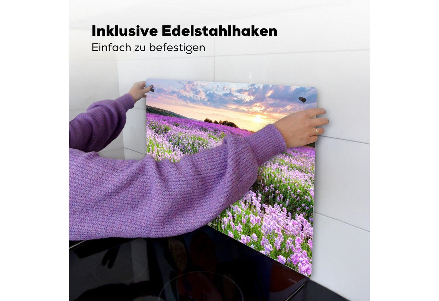 KitchenYeah Küchenrückwand Lavendel - Blumen - Lila - Blumenfeld, (1-tlg), Küche Herdabdeckung Ceranfeld Induktionsfeld Spritzschutz, 65x50 cm