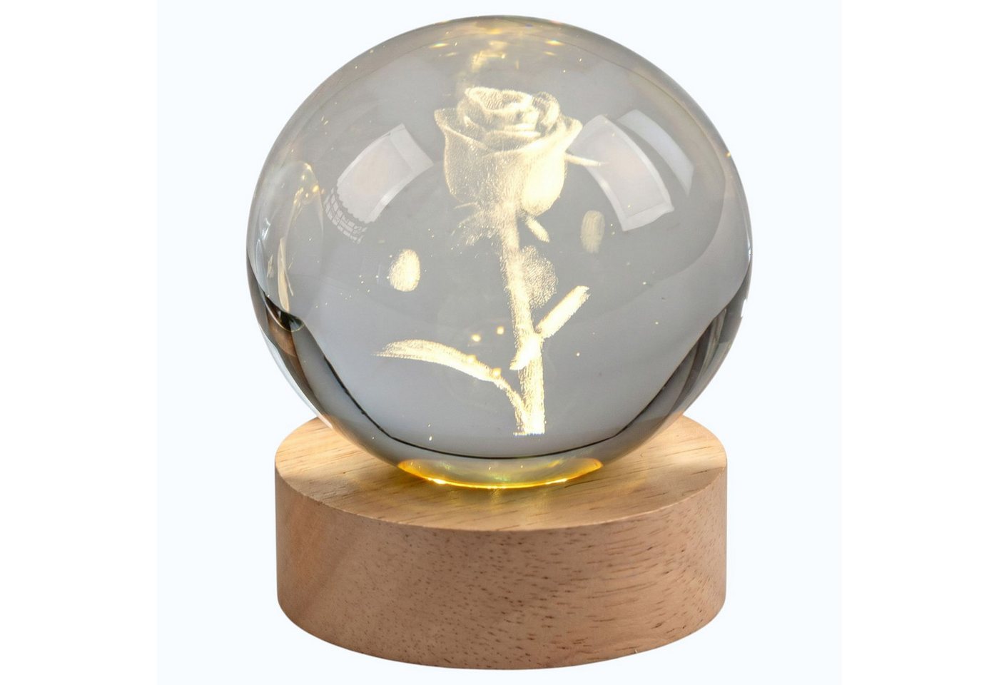 formano LED Dekolicht Kristallkugel Rose 3D LED Holzsockel Glas Kugel 8 cm eingelasert, LED fest integriert