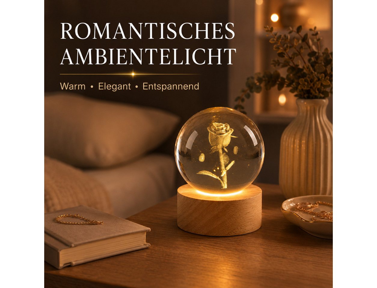 formano LED Dekolicht Kristallkugel Rose 3D LED Holzsockel Glas Kugel 8 cm eingelasert, LED fest integriert Bild 2