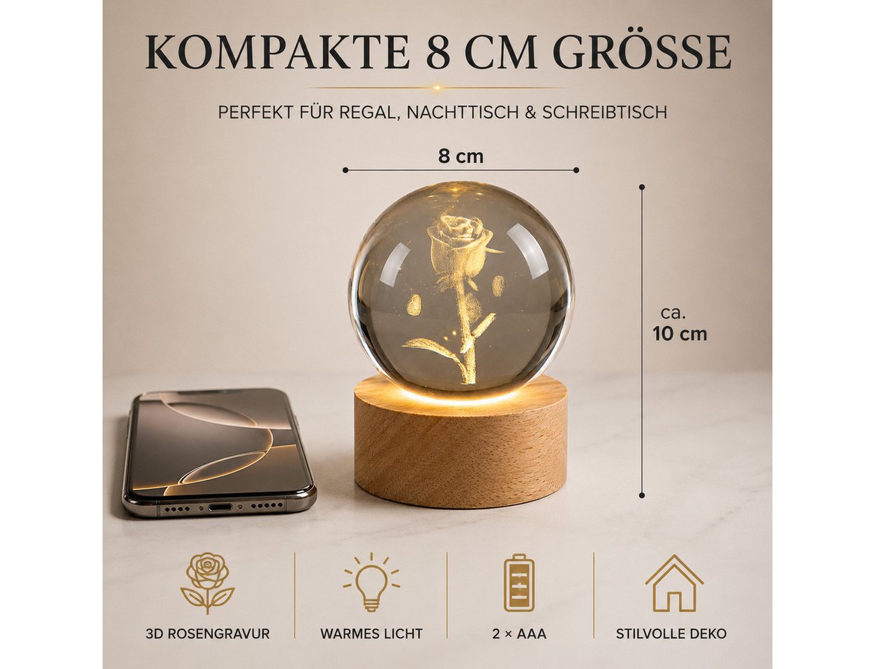 formano LED Dekolicht Kristallkugel Rose 3D LED Holzsockel Glas Kugel 8 cm eingelasert, LED fest integriert Bild 3