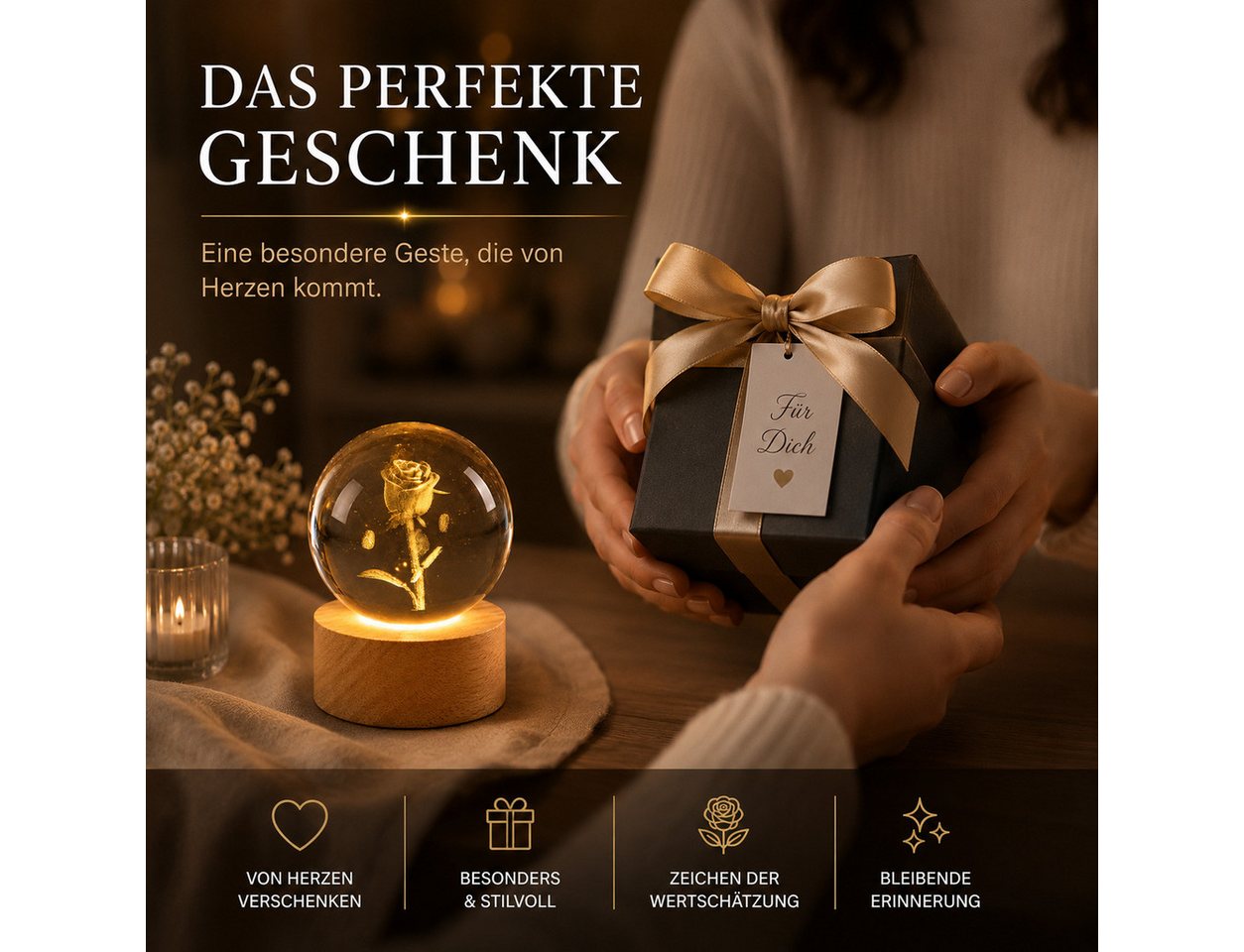 formano LED Dekolicht Kristallkugel Rose 3D LED Holzsockel Glas Kugel 8 cm eingelasert, LED fest integriert Bild 4