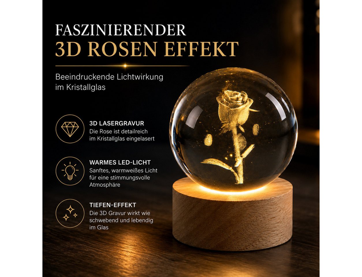 formano LED Dekolicht Kristallkugel Rose 3D LED Holzsockel Glas Kugel 8 cm eingelasert, LED fest integriert Bild 5