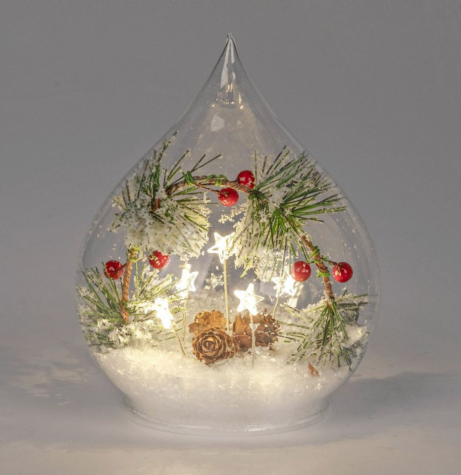 formano LED Dekolicht LED Deko-Tropfen Glas 16 cm Tanne Beeren Schnee Timer Weihnachten, LED fest integriert