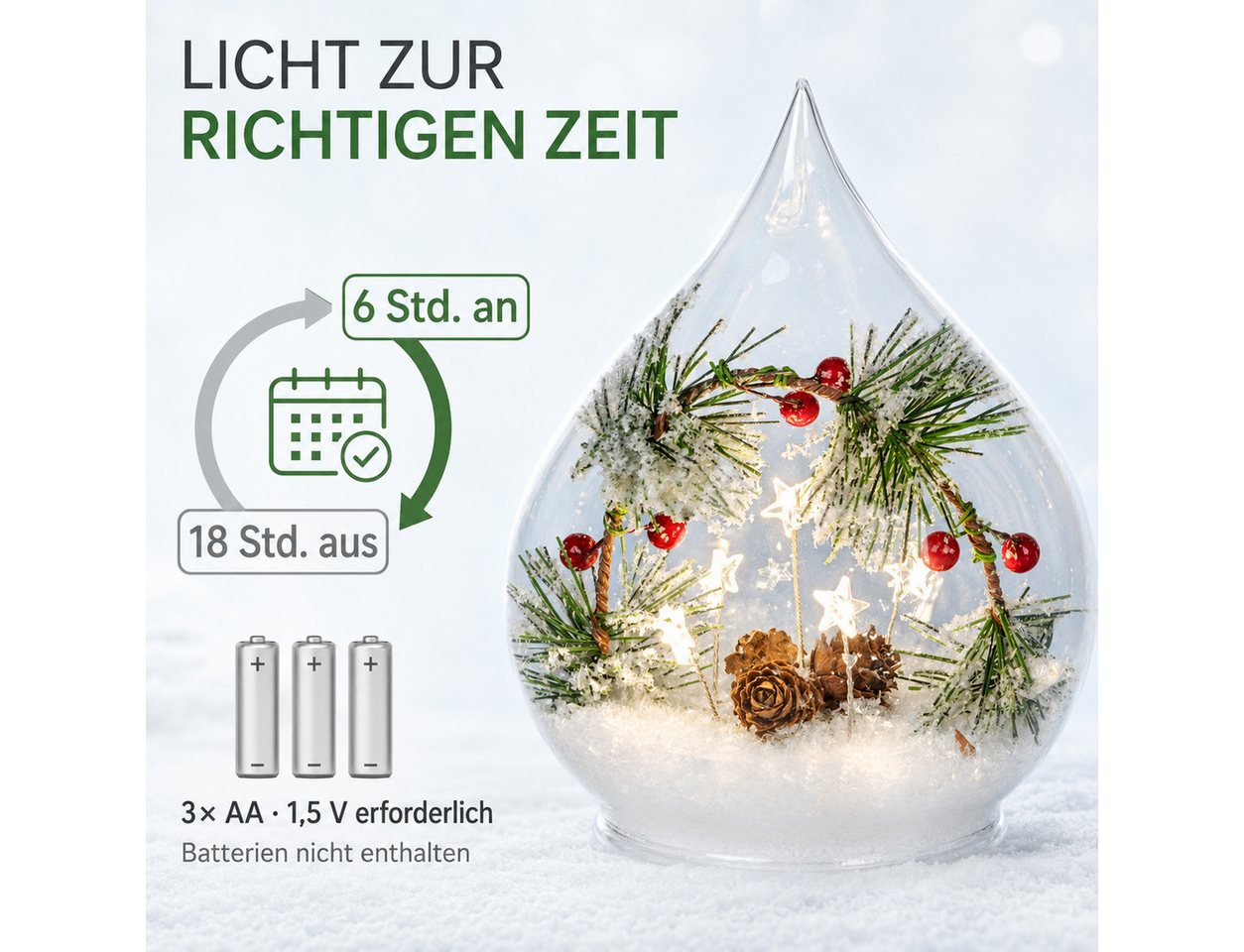 formano LED Dekolicht LED Deko-Tropfen Glas 16 cm Tanne Beeren Schnee Timer Weihnachten, LED fest integriert Bild 2