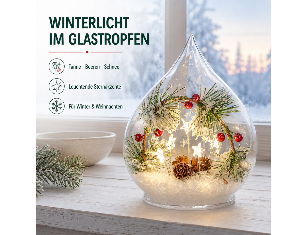 formano LED Dekolicht LED Deko-Tropfen Glas 16 cm Tanne Beeren Schnee Timer Weihnachten, LED fest integriert Bild 3