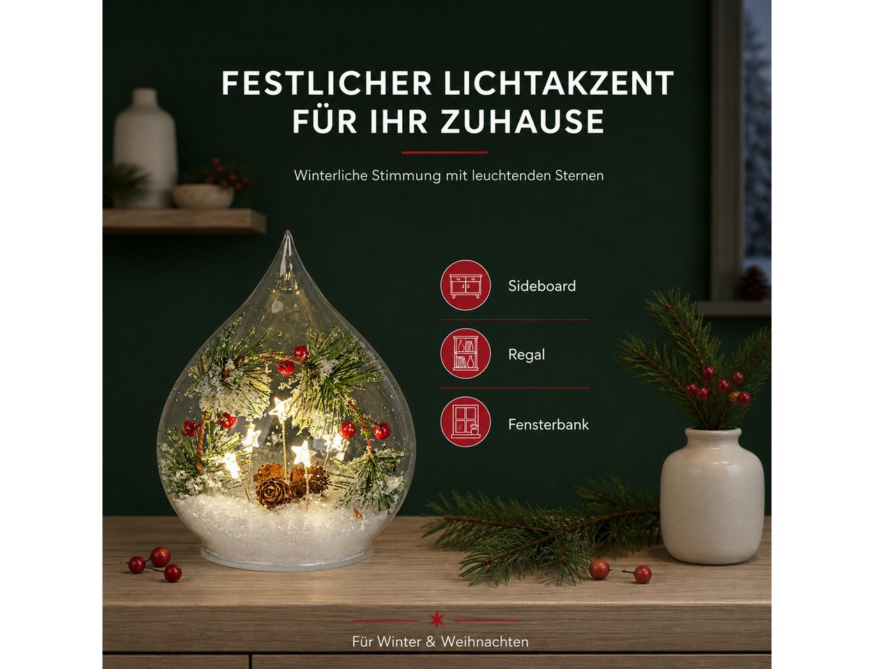 formano LED Dekolicht LED Deko-Tropfen Glas 16 cm Tanne Beeren Schnee Timer Weihnachten, LED fest integriert Bild 4