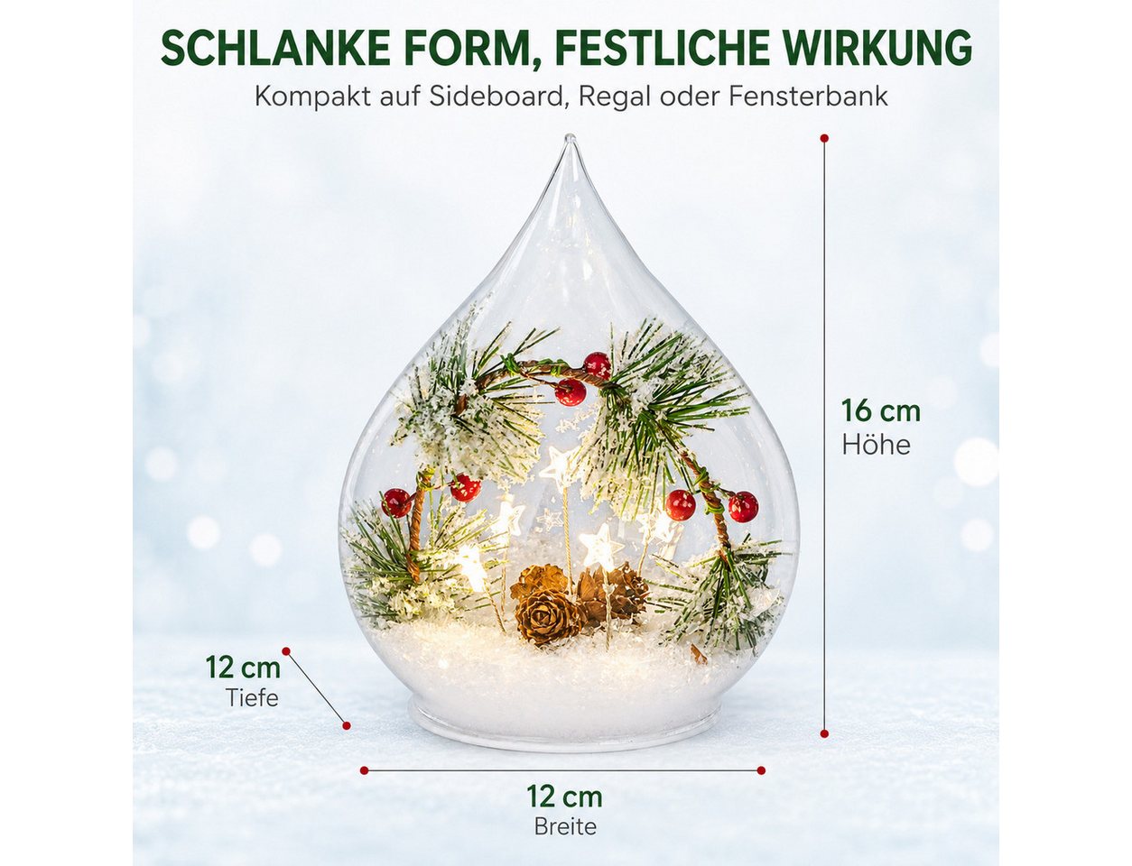 formano LED Dekolicht LED Deko-Tropfen Glas 16 cm Tanne Beeren Schnee Timer Weihnachten, LED fest integriert Bild 5