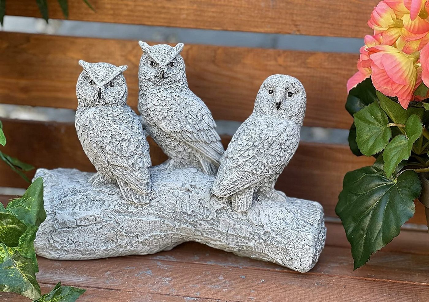 Stone and Style Gartenfigur Frostfeste Steinfigur 3 Eulen auf Baumstamm Bild 5