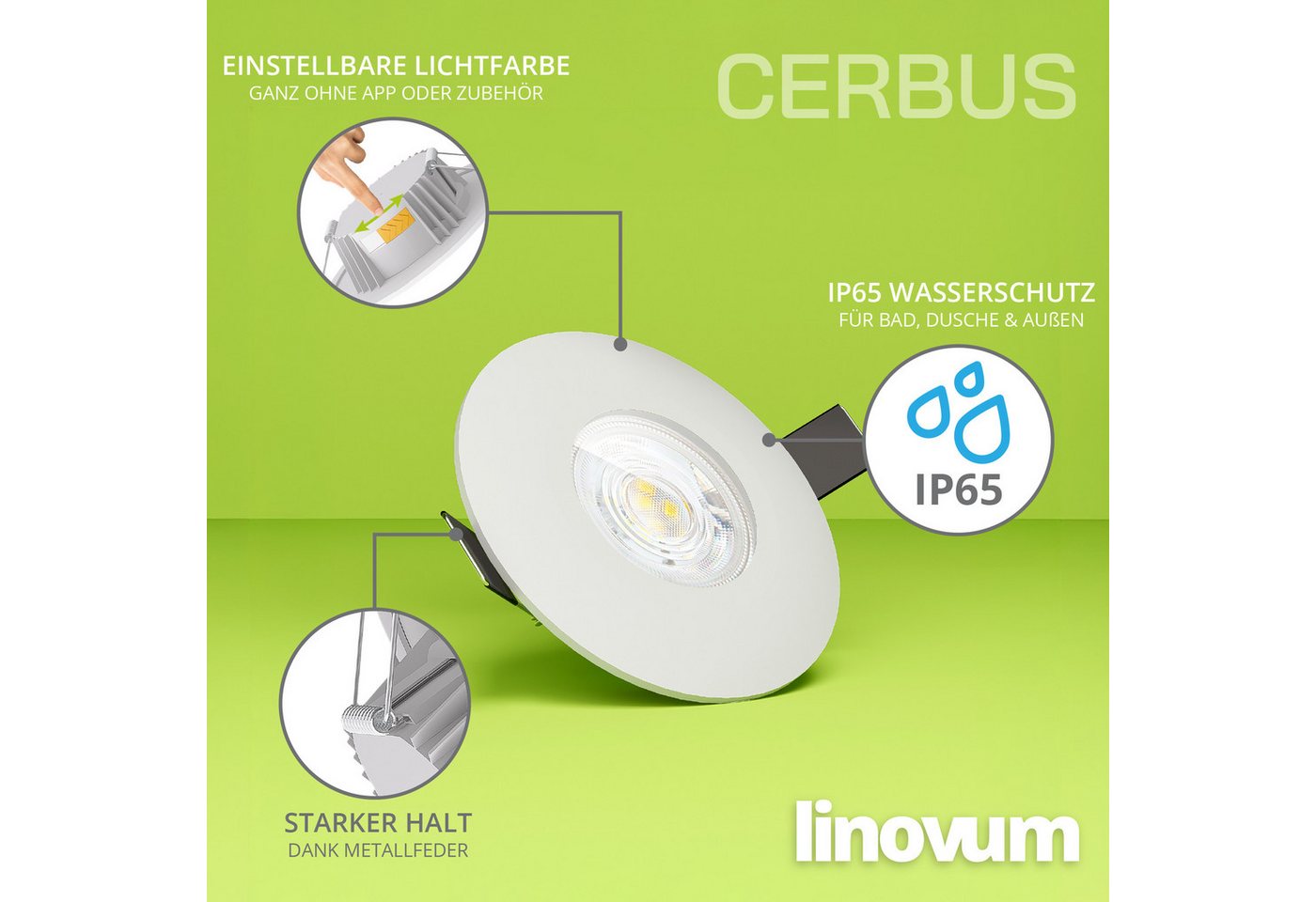 linovum LED Außen-Deckenleuchte CERBUS Einbauspot Bad IP65 einstellbare Lichtfarben warm neutral kalt, Neutralweiß, Warmweiß, Tageslichtweiß Bild 4