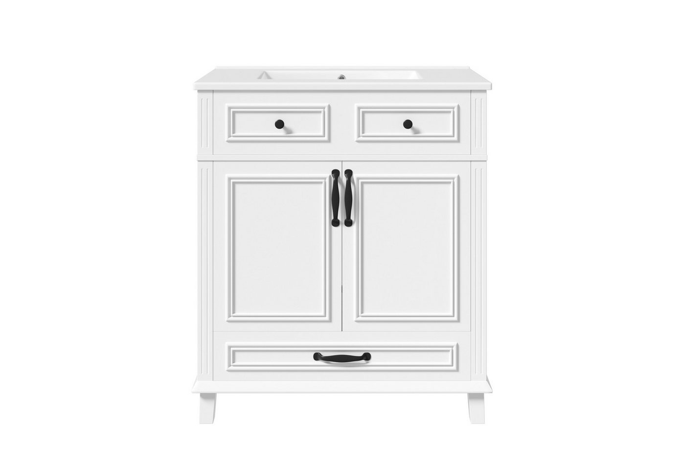 Flieks Waschtisch freistehender Waschbeckenunterschrank mit Waschbecken, Volllackierung (77x46x86 cm, 1-St., Massivholzbeine, Schublade mit 9 Fächern, Tür mit Soft-Close-Funktion), Badmöbel Badezimmerschrank mit Doppeltüren, Klappen & Schubladen Weiß