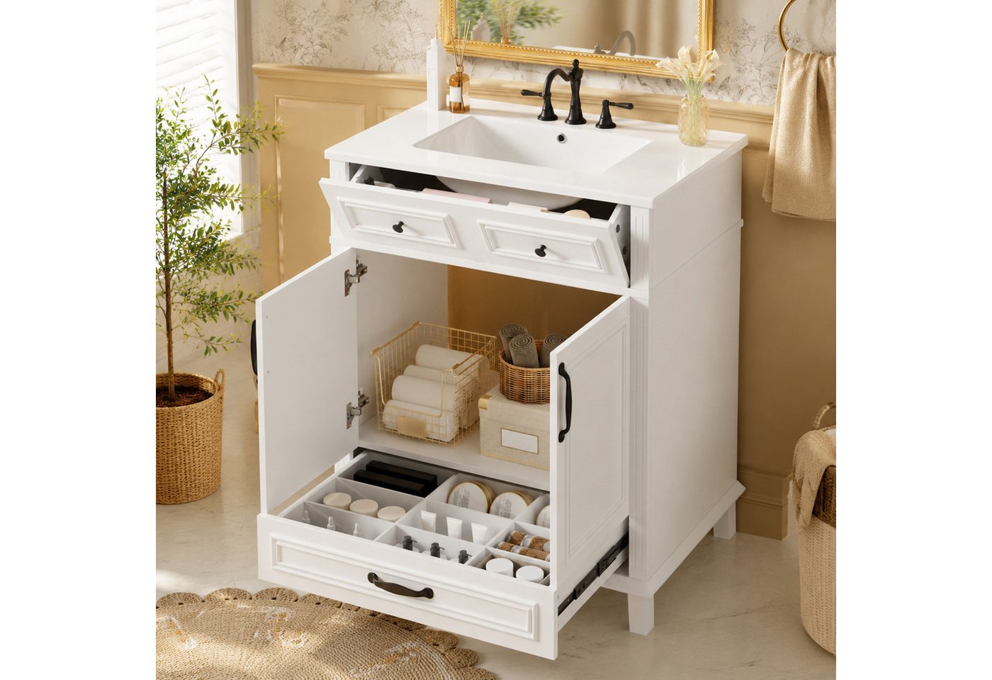 Flieks Waschtisch freistehender Waschbeckenunterschrank mit Waschbecken, Volllackierung (77x46x86 cm, 1-St., Massivholzbeine, Schublade mit 9 Fächern, Tür mit Soft-Close-Funktion), Badmöbel Badezimmerschrank mit Doppeltüren, Klappen & Schubladen Weiß Bild 2