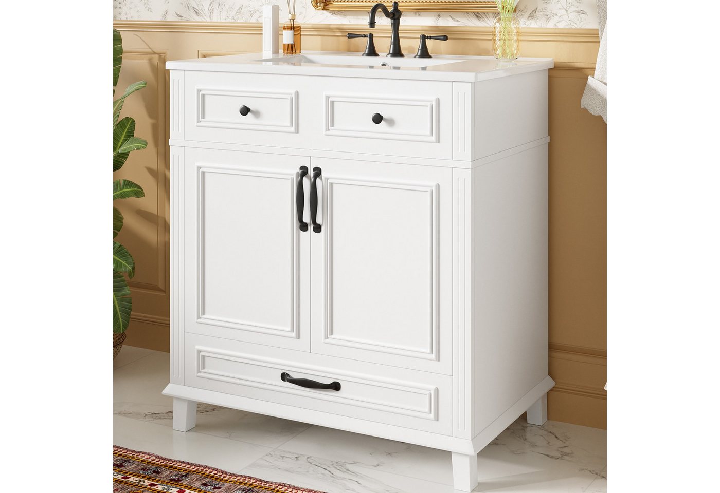 Flieks Waschtisch freistehender Waschbeckenunterschrank mit Waschbecken, Volllackierung (77x46x86 cm, 1-St., Massivholzbeine, Schublade mit 9 Fächern, Tür mit Soft-Close-Funktion), Badmöbel Badezimmerschrank mit Doppeltüren, Klappen & Schubladen Weiß Bild 5