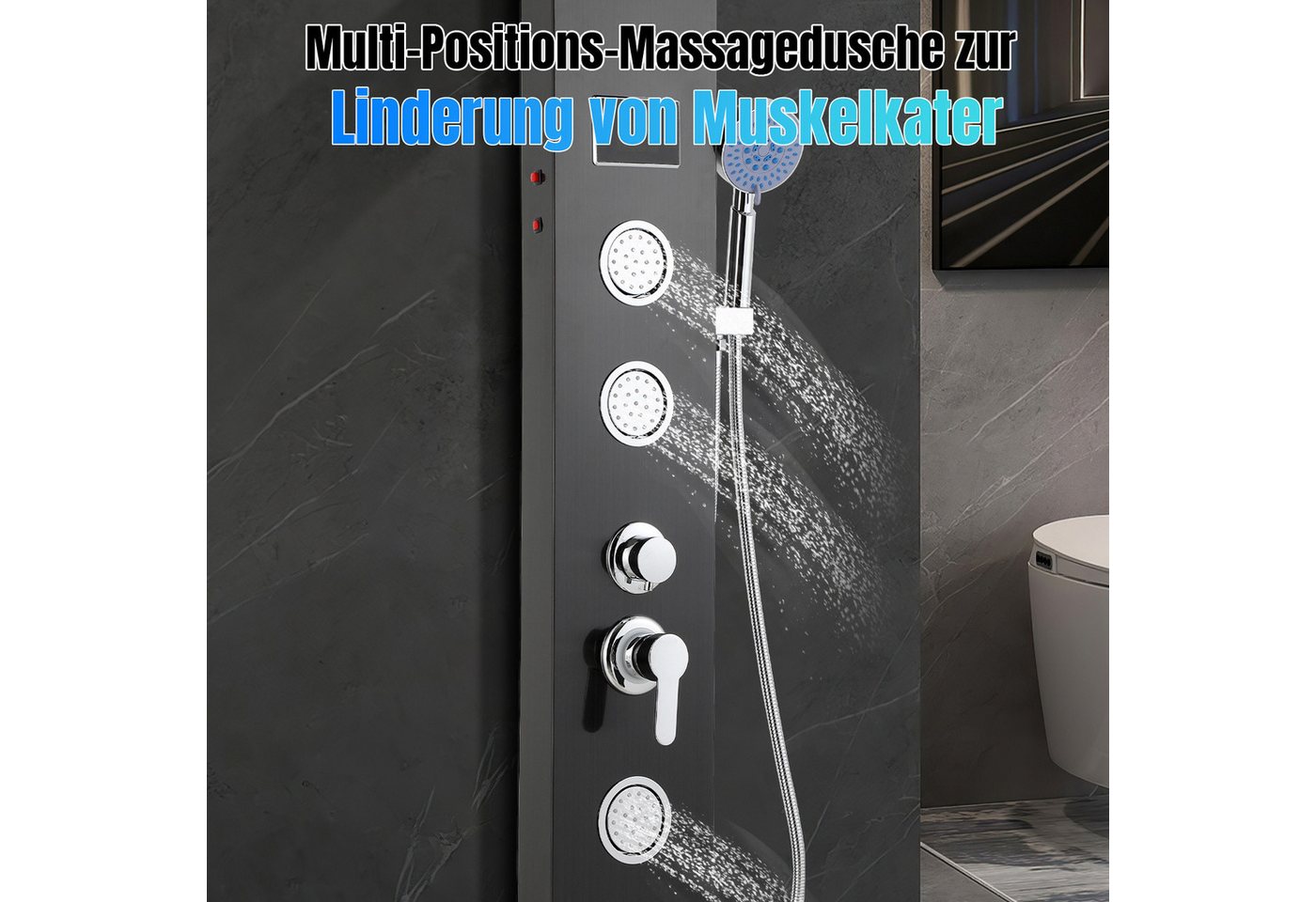 Clanmacy Duschsystem Duschsystem 5 in 1 Duschpaneel Regendusche Dusche Edelstahl Schwarz, Höhe 116 cm, Regendusche, Wasserfall, Rückenmassage, Badewanne, 1,5 m Handbrause Bild 2