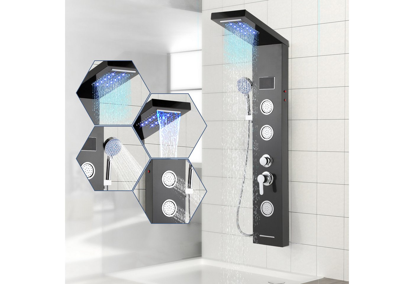 Clanmacy Duschsystem Duschsystem 5 in 1 Duschpaneel Regendusche Dusche Edelstahl Schwarz, Höhe 116 cm, Regendusche, Wasserfall, Rückenmassage, Badewanne, 1,5 m Handbrause Bild 5