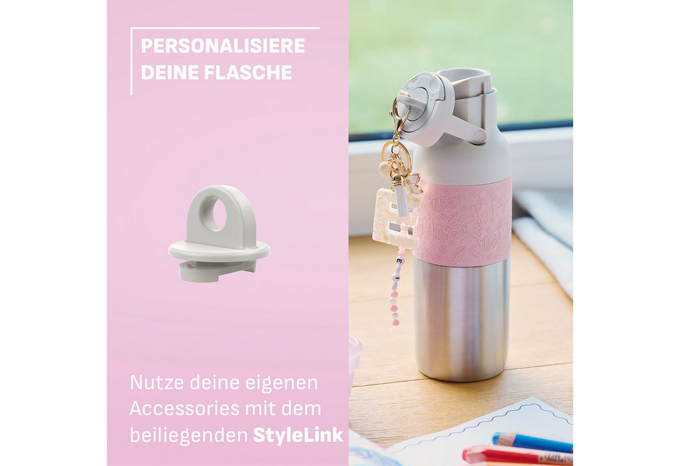 Emsa Trinkflasche beYou Kids, einhändiges Öffnen, 100 % dicht, 0,5 Liter, Sieb, Mix & Match Bild 3