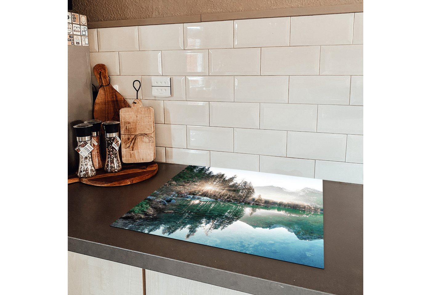 MuchoWow Herd-Abdeckplatte Natur - Bäume - Berge - See, Vinyl, (1 tlg), Abdeckplatte für Ceranfeld, Herd Inductionsmatte, 57.6x51.6 cm