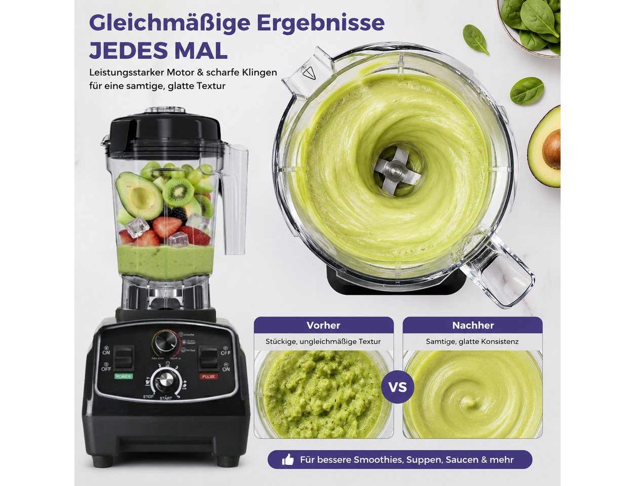 Forrlite Slow Juicer 2026 Neu 3000W Standmixer, 2L Mixer Smoothie Maker, Shaker für Protein, 38.000 U/Min Hochleistungsmixer, mit Rührstab, Selbstreinigend, Timer