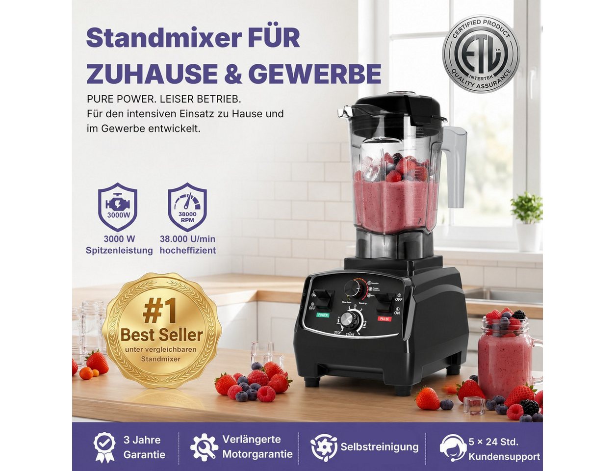 Forrlite Slow Juicer 2026 Neu 3000W Standmixer, 2L Mixer Smoothie Maker, Shaker für Protein, 38.000 U/Min Hochleistungsmixer, mit Rührstab, Selbstreinigend, Timer Bild 4