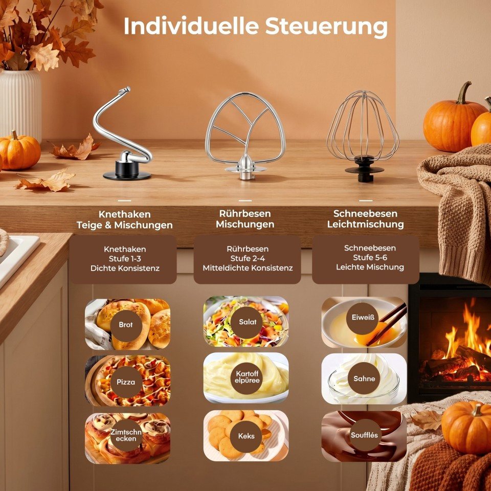 FOHERE Küchenmaschine mit 5L+3L schüsseln Dual-Schalen, 6+P Geschwindigkeiten, 1300 W