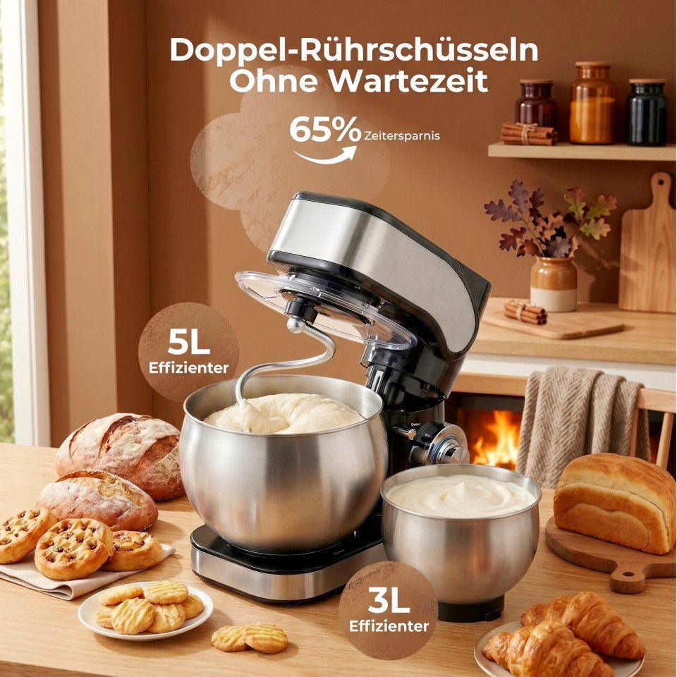 FOHERE Küchenmaschine mit 5L+3L schüsseln Dual-Schalen, 6+P Geschwindigkeiten, 1300 W Bild 2