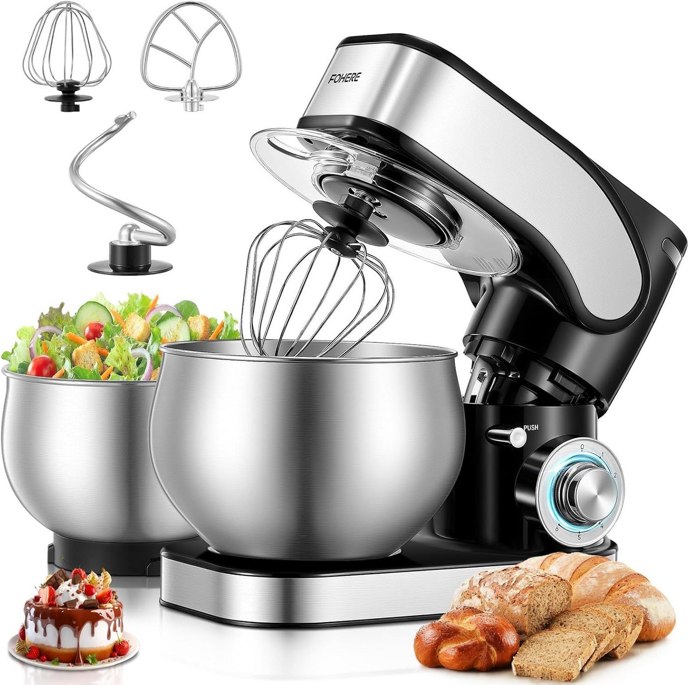 FOHERE Küchenmaschine mit 5L+3L schüsseln Dual-Schalen, 6+P Geschwindigkeiten, 1300 W Bild 3
