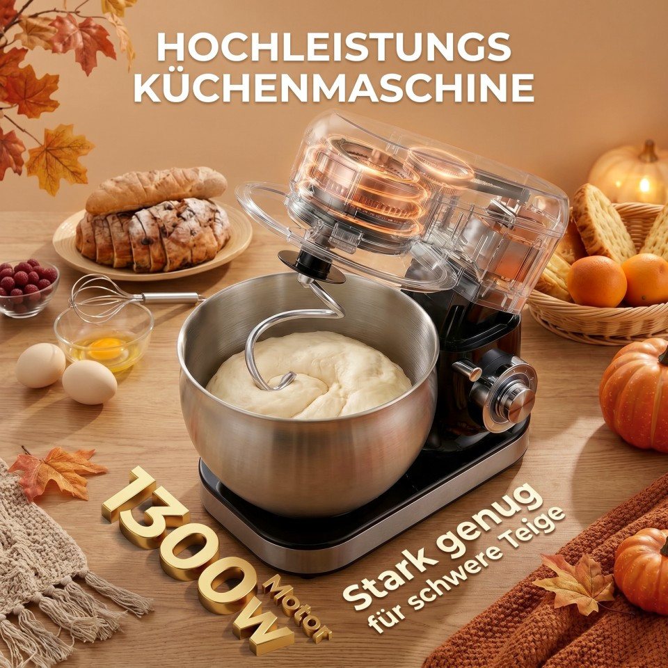 FOHERE Küchenmaschine mit 5L+3L schüsseln Dual-Schalen, 6+P Geschwindigkeiten, 1300 W Bild 4