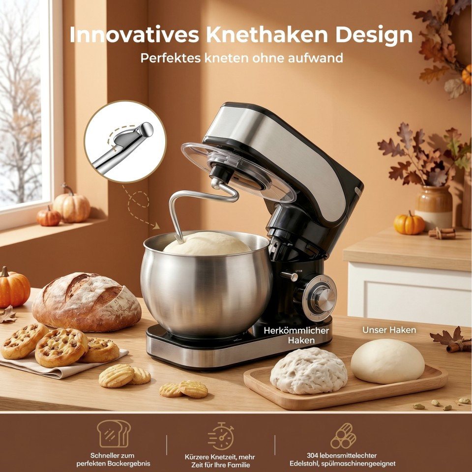 FOHERE Küchenmaschine mit 5L+3L schüsseln Dual-Schalen, 6+P Geschwindigkeiten, 1300 W Bild 5
