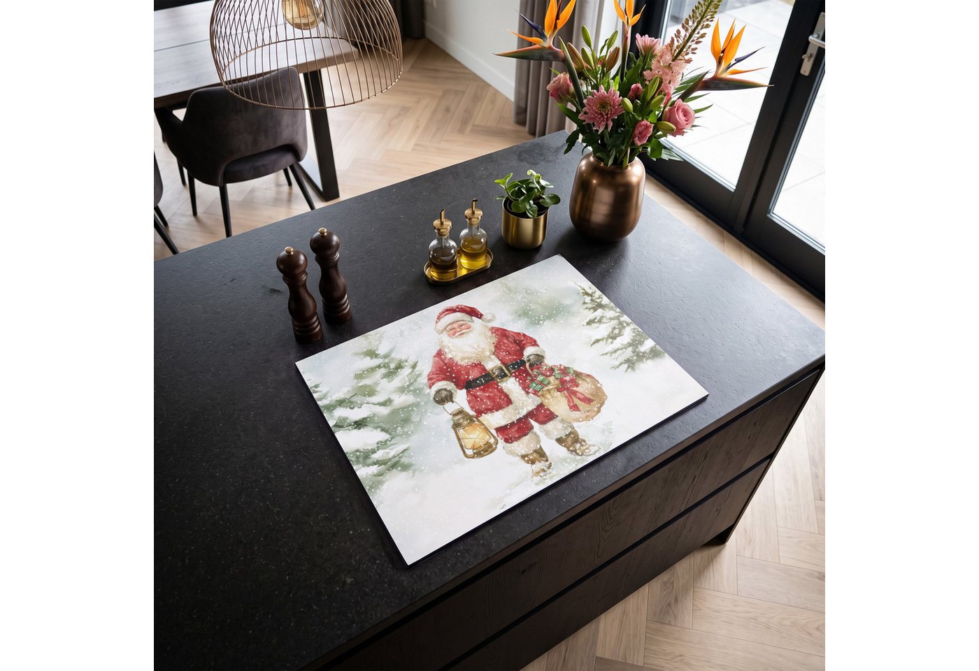 MuchoWow Herd-Abdeckplatte Weihnachtsmann - Winter - Schnee - Weiß - Rot, Vinyl, (1 tlg), Küche Herdabdeckung Ceranfeld Induktionsfeld Vinyl, 65x50 cm Bild 2