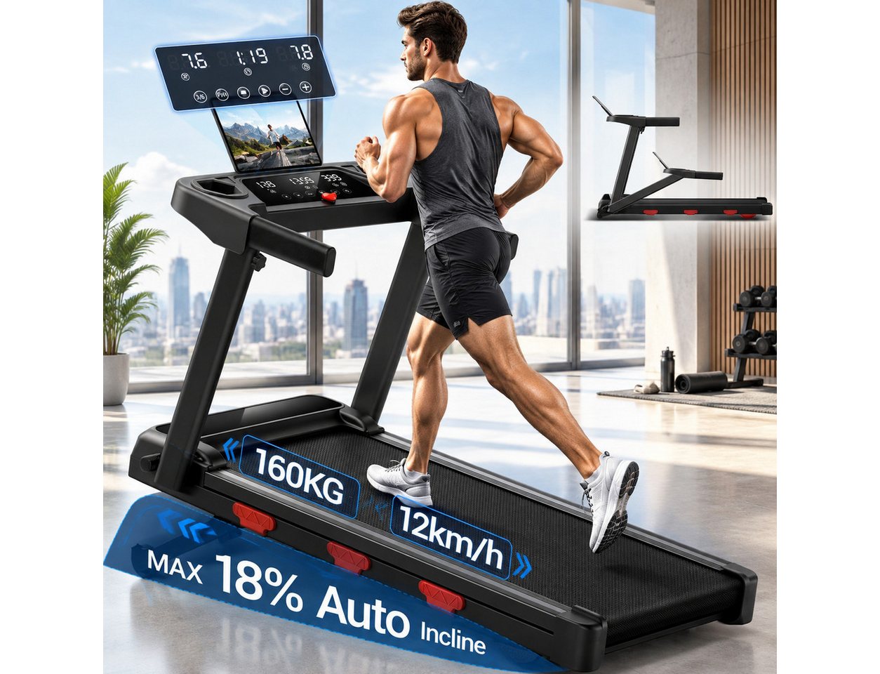 BAYMATE Laufband mit automatischer Steigung (12KM/H Laufband mit LED,klappbares Laufband mit 12 Programmen,3,0 HP leiser Motor,MAX 160kg)