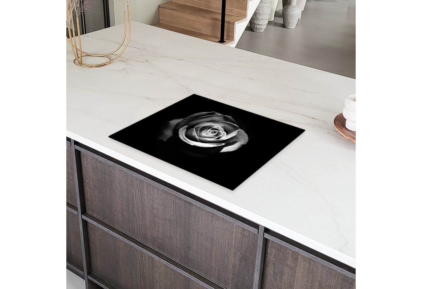 MuchoWow Herd-Abdeckplatte Blumen - Schwarz - Rose - Weiß - Botanisch, Vinyl, (1 tlg), Abdeckung Induktionskochfeld Schutzmatte, Küche Deko, 65x52 cm Bild 4