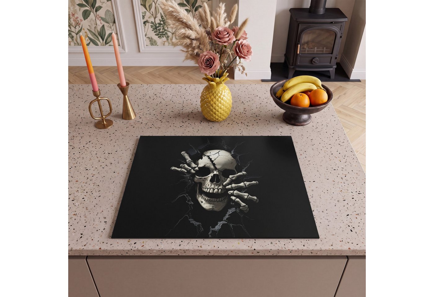 MuchoWow Herd-Abdeckplatte Totenkopf - Schwarz - Totenkopf - Gruselig, Vinyl, (1 tlg), Küche Herdabdeckung Ceranfeld Induktionsfeld Vinyl, 65x50 cm Bild 3