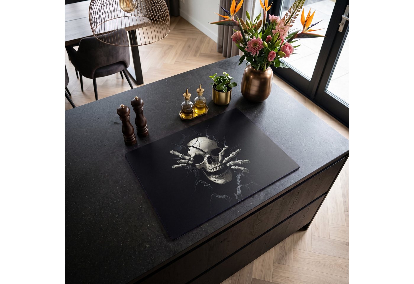 MuchoWow Herd-Abdeckplatte Totenkopf - Schwarz - Totenkopf - Gruselig, Vinyl, (1 tlg), Küche Herdabdeckung Ceranfeld Induktionsfeld Vinyl, 65x50 cm Bild 5