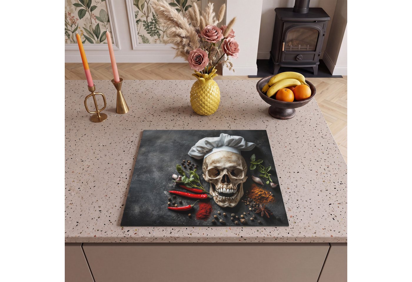 MuchoWow Herd-Abdeckplatte Skelett - Gewürz - Lebensmittel - Schädel - Koch, Vinyl, (1 tlg), Abdeckplatte für Ceranfeld, Herd Inductionsmatte, 60x50 cm Bild 3