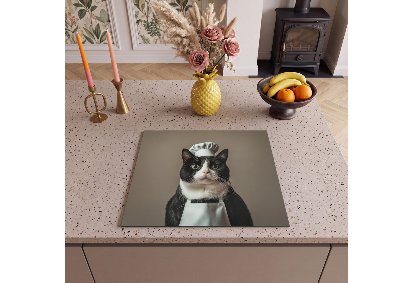 MuchoWow Herd-Abdeckplatte Katze - Kochkleidung - Schwarz - Weiß, Vinyl, (1 tlg), Abdeckplatte für Ceranfeld, Herd Inductionsmatte, 57.6x51.6 cm Bild 5
