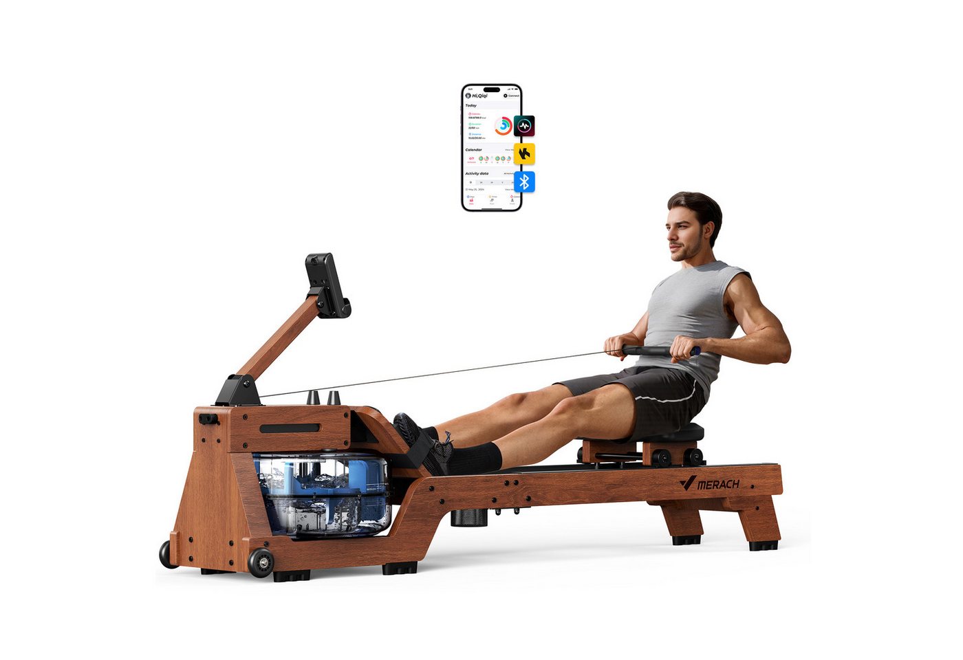 MERACH Rudermaschine Wasser Rudergerät für Zuhause, Bequemer Ergonomischer Stuhl, Professioneller Bluetooth-Monitor mit Tablet-Halterung Bild 2