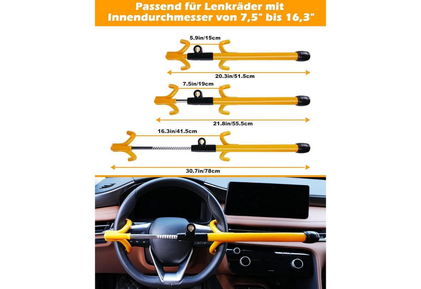 LuxusKollektion Lenkradschloss Lenkradkralle 4 Haken Diebstahlsicherung Auto 3 Schlüssel Gelb Bild 3