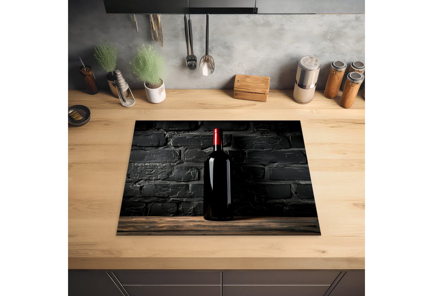 MuchoWow Herd-Abdeckplatte Wein - Flasche - Holz - Stein, Vinyl, (1 tlg), Herdabdeckplatten für Ceranfeld, Induktionsschutz, 65x55 cm Bild 4