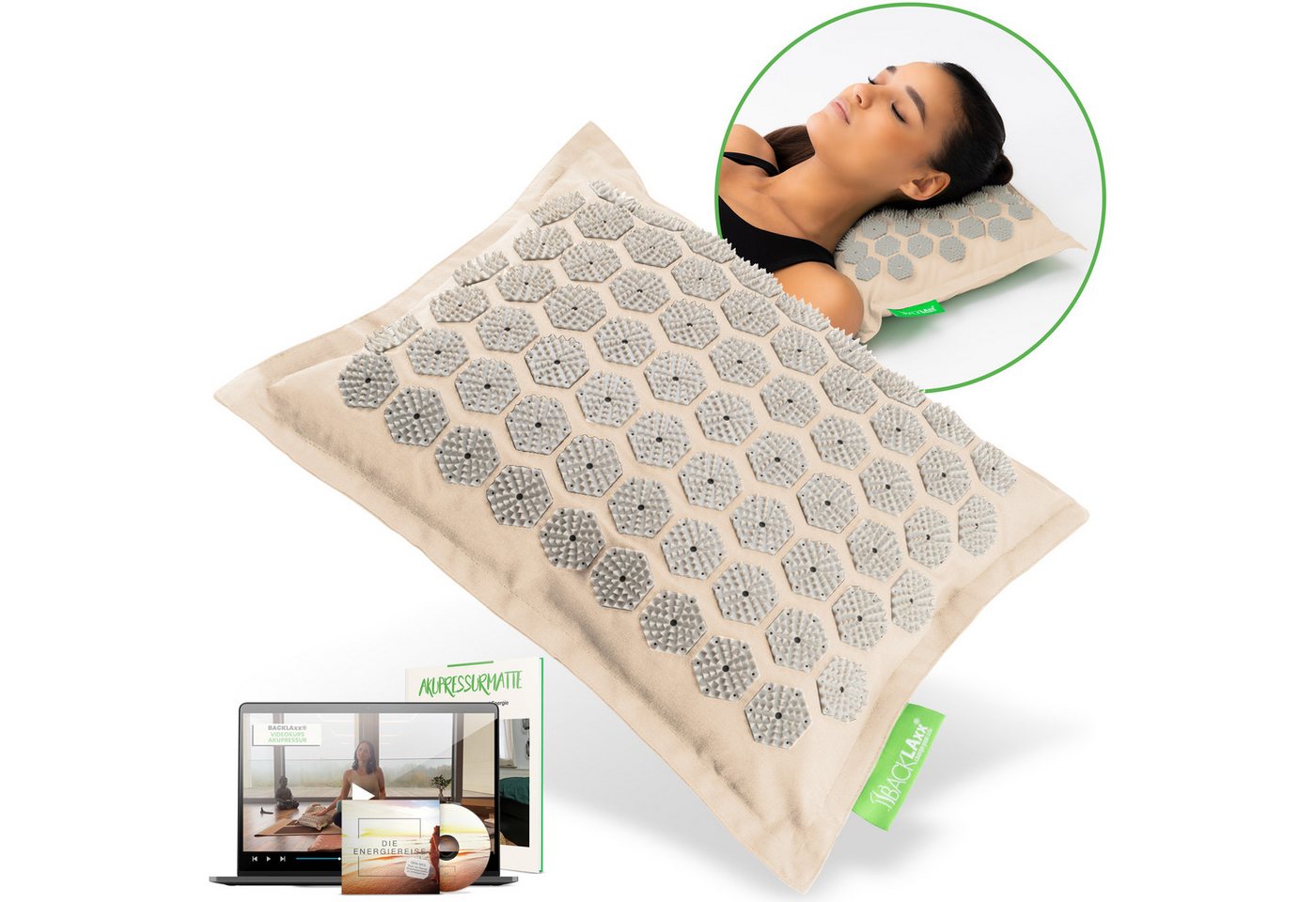 BACKLAxx® Akupressurmatte Akupressurkissen Nackenkissen für Nacken Schulter Rücken Beine (Akupressur, Kissen mit 3.168 Spitzen, inkl. Video Guide), für Verspannungen Nacken Rücken Beine & gegen Kopfschmerzen & Migräne Bild 2