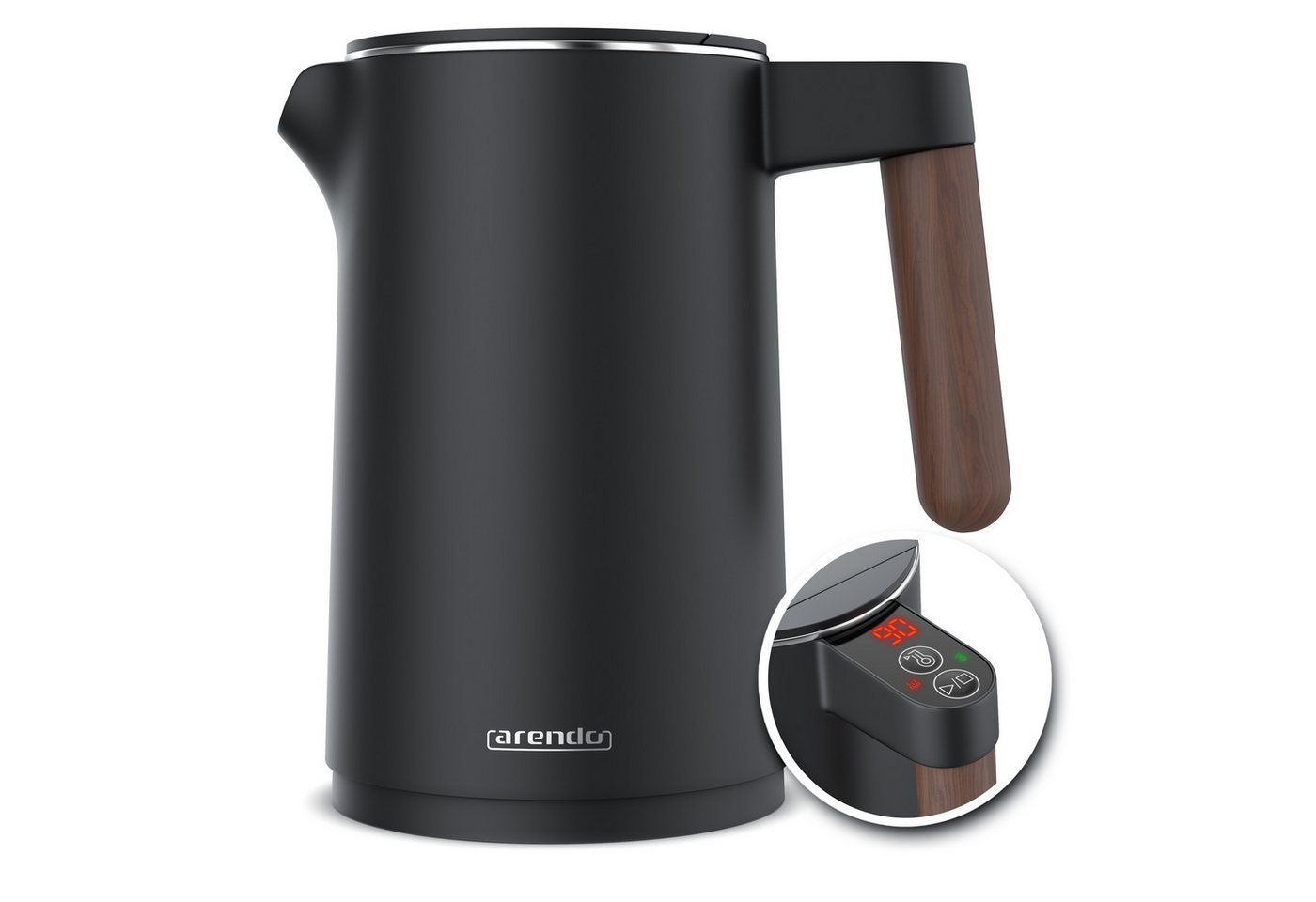 Arendo Wasserkocher Edelstahl, Temperatureinstellung 45° - 100 °C mit Anzeige, Doppelwand, 1,5 l, 2200 W, Warmhaltefunktion, 360° Basis, mit Griff in Holzoptik, BPA-frei