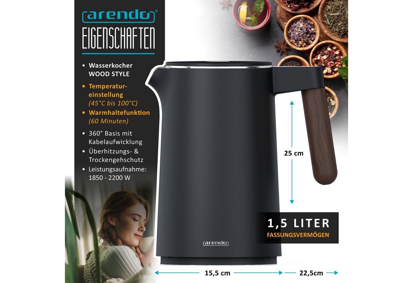 Arendo Wasserkocher Edelstahl, Temperatureinstellung 45° - 100 °C mit Anzeige, Doppelwand, 1,5 l, 2200 W, Warmhaltefunktion, 360° Basis, mit Griff in Holzoptik, BPA-frei Bild 3