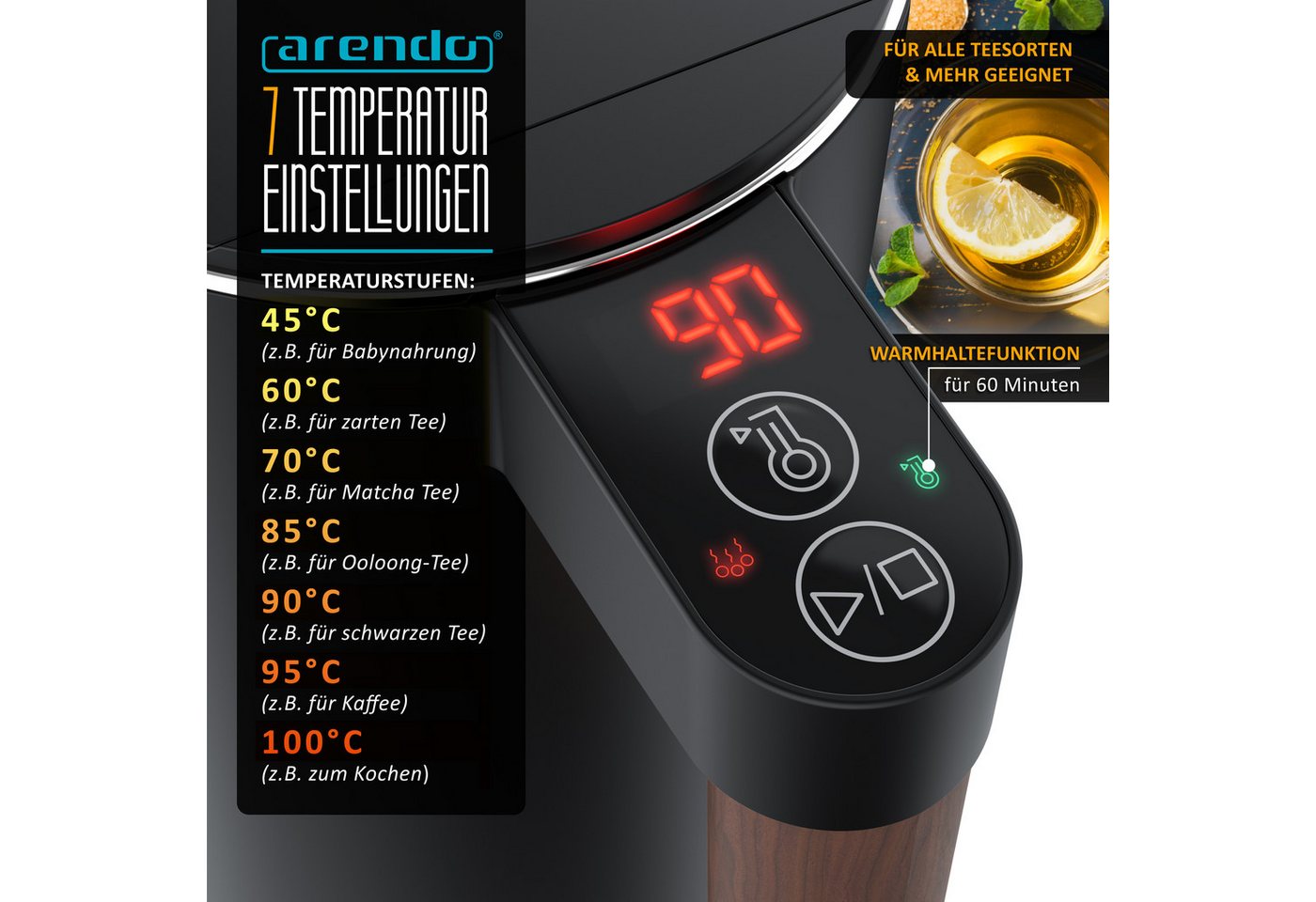 Arendo Wasserkocher Edelstahl, Temperatureinstellung 45° - 100 °C mit Anzeige, Doppelwand, 1,5 l, 2200 W, Warmhaltefunktion, 360° Basis, mit Griff in Holzoptik, BPA-frei Bild 4
