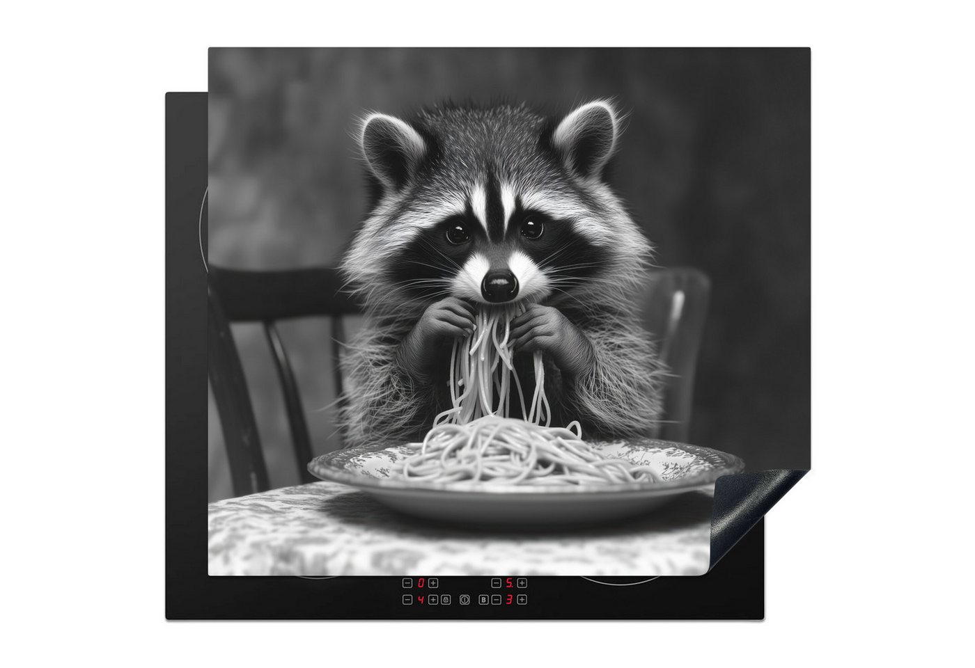 MuchoWow Herd-Abdeckplatte Waschbär - Niedlich - Pasta - Tischtuch - Schwarz - Weiß, Vinyl, (1 tlg), Abdeckplatte für Ceranfeld, Herd Inductionsmatte, 57.6x51.6 cm
