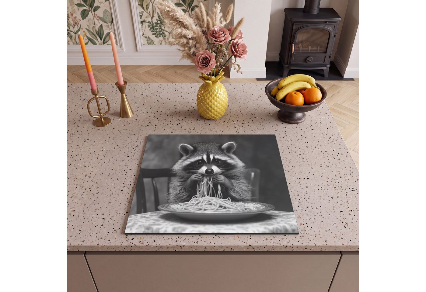 MuchoWow Herd-Abdeckplatte Waschbär - Niedlich - Pasta - Tischtuch - Schwarz - Weiß, Vinyl, (1 tlg), Abdeckplatte für Ceranfeld, Herd Inductionsmatte, 57.6x51.6 cm Bild 3
