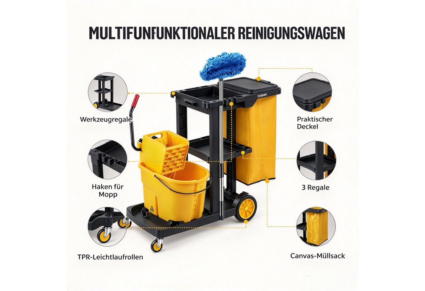 VINGLI Putzwagen Reinigungswagen Multifunktional Servierwagen für Reinigung, (mit 3 Ablage), 57L Mülltasche Abnehmbar, TPR-Rollen, Klappdeckel, Aufhängehaken Bild 2