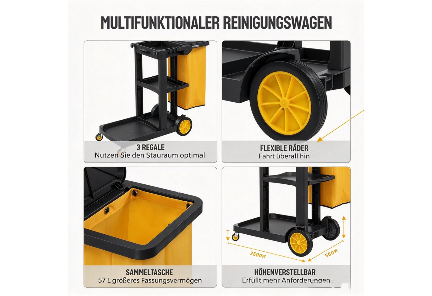 VINGLI Putzwagen Reinigungswagen Multifunktional Servierwagen für Reinigung, (mit 3 Ablage), 57L Mülltasche Abnehmbar, TPR-Rollen, Klappdeckel, Aufhängehaken Bild 4