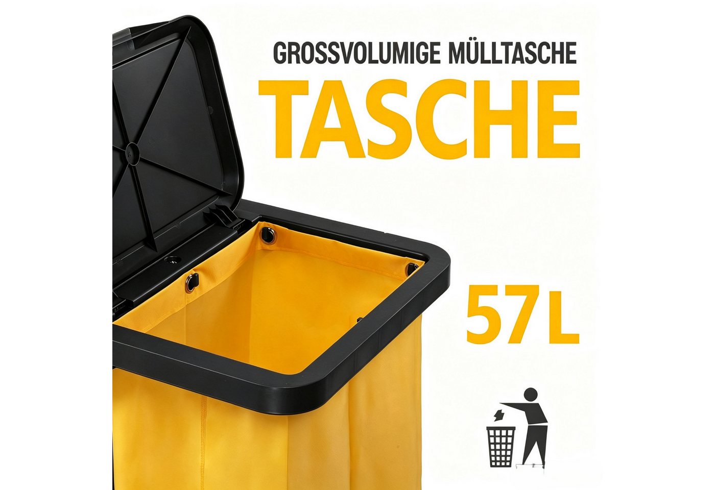 VINGLI Putzwagen Reinigungswagen Multifunktional Servierwagen für Reinigung, (mit 3 Ablage), 57L Mülltasche Abnehmbar, TPR-Rollen, Klappdeckel, Aufhängehaken Bild 5