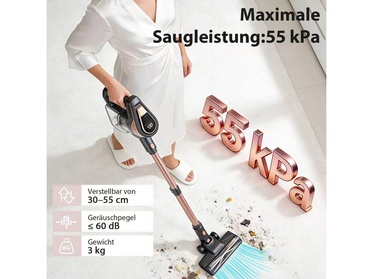 Grenintol Akku-Stielstaubsauger 55000Pa Akku Staubsauger,Akku Handstaubsauger,Akkusauger Kabelloser, 300 W, beutellos, 6×2600mAh Hochleistungsakku • Leiser Betrieb