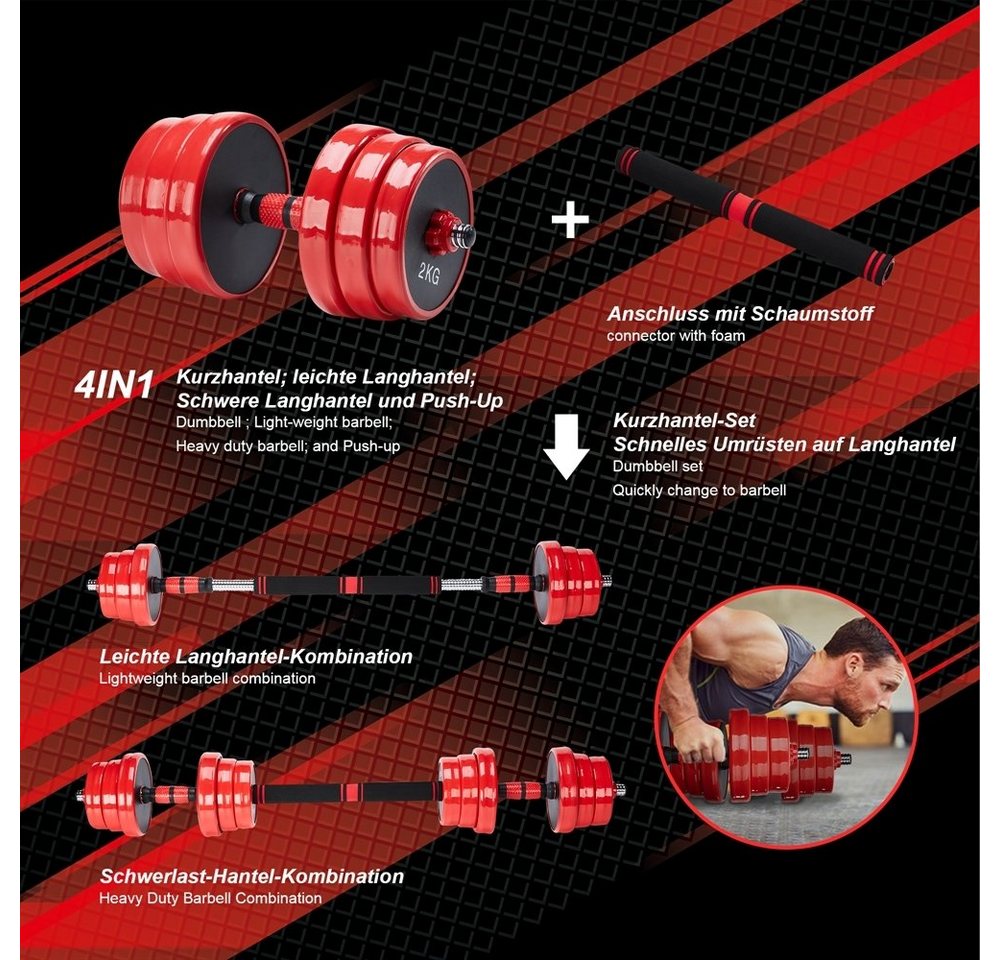 Feel2Home Hantel-Set Hantelset 4in1 Kurzhantel Langhantel Gewichte Hantelstangen 20-40KG, (Set, Premium-Hantelset, Premium-Trainingsset), Geräuscharm und Bodenschonend
