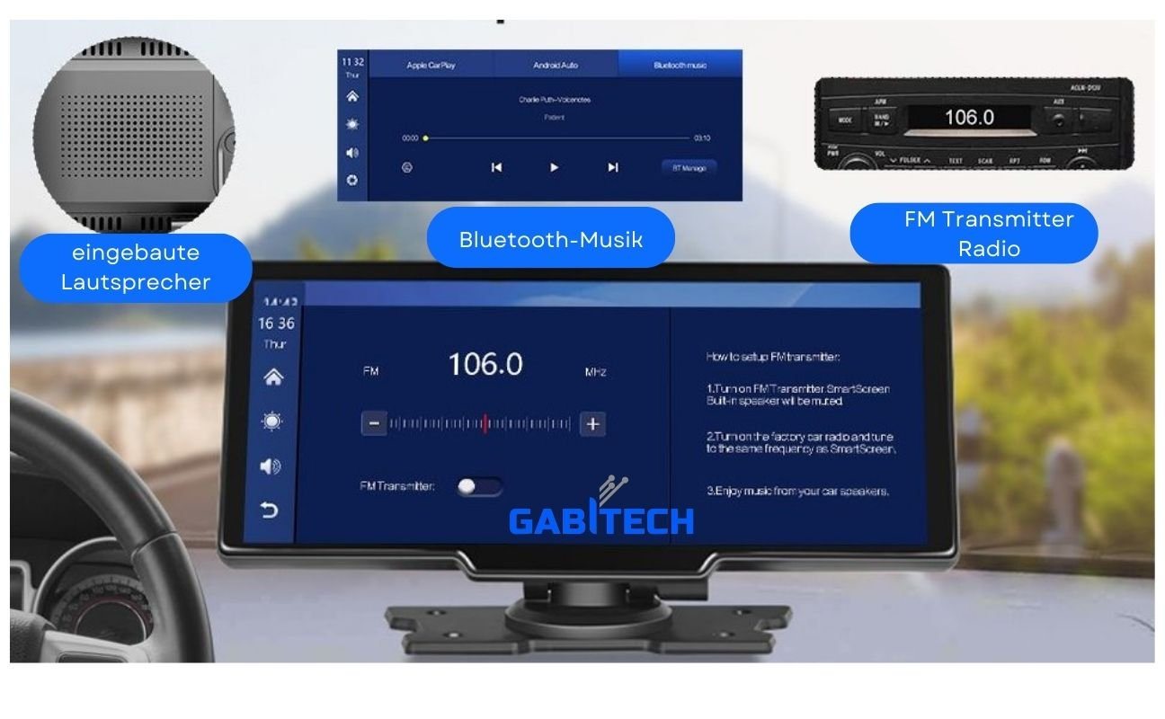 GABITECH 10 Zoll tragbares Navi Carplay Autoradio 2 Kameras & Sprachsteuerung Autoradio (Bluetooth, 1 DVR Dashcam & Videoaufzeichnung, 1 Rückfahrkamera, WiFi) Bild 4